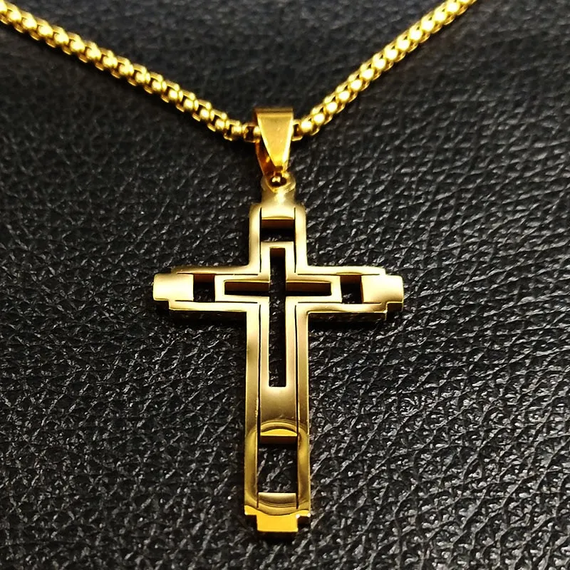 Cross Stainless Fashion Steel Choker Necklace for Men Gold and Silver Color Statement Necklace