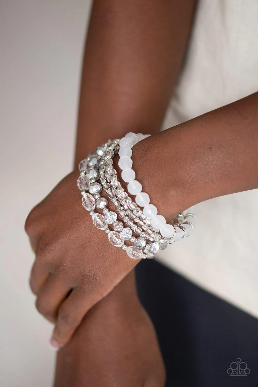 Crystal Collage White and Silver Bracelet Set - Paparazzi Accessories