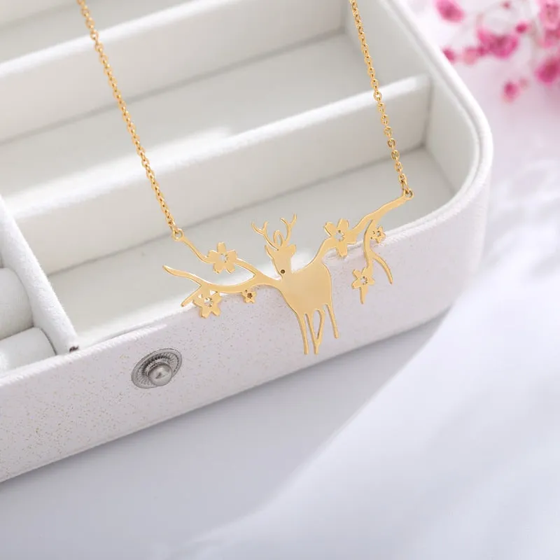 Dainty Antler Deer Elk With Flower Pendant