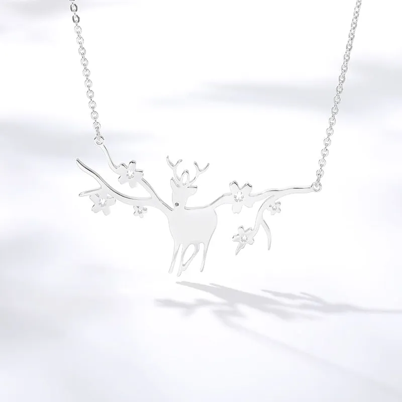 Dainty Antler Deer Elk With Flower Pendant