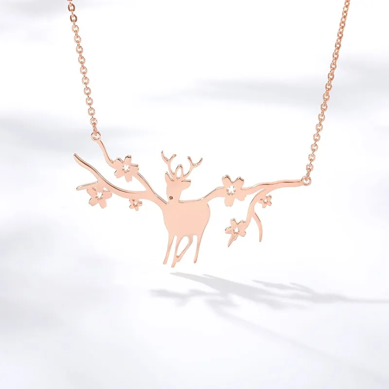 Dainty Antler Deer Elk With Flower Pendant