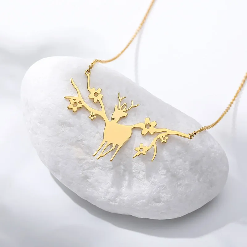 Dainty Antler Deer Elk With Flower Pendant