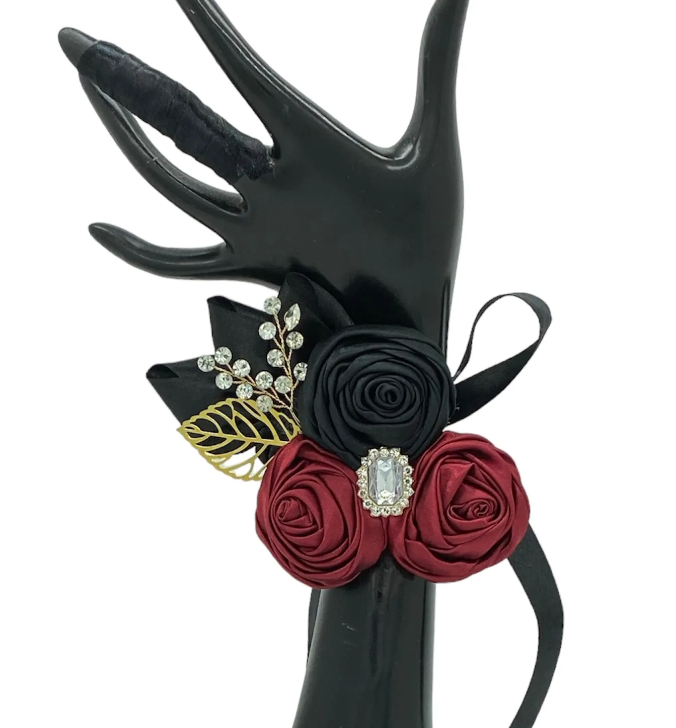 Dark Red l Wine Round Bouquet l  Satin Roses Brooch Bouquet~ BOU-024