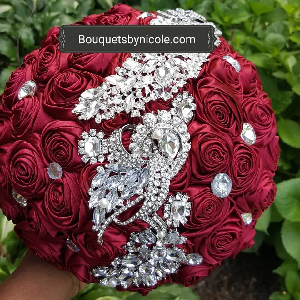 Dark Red l Wine Round Bouquet l  Satin Roses Brooch Bouquet~ BOU-024