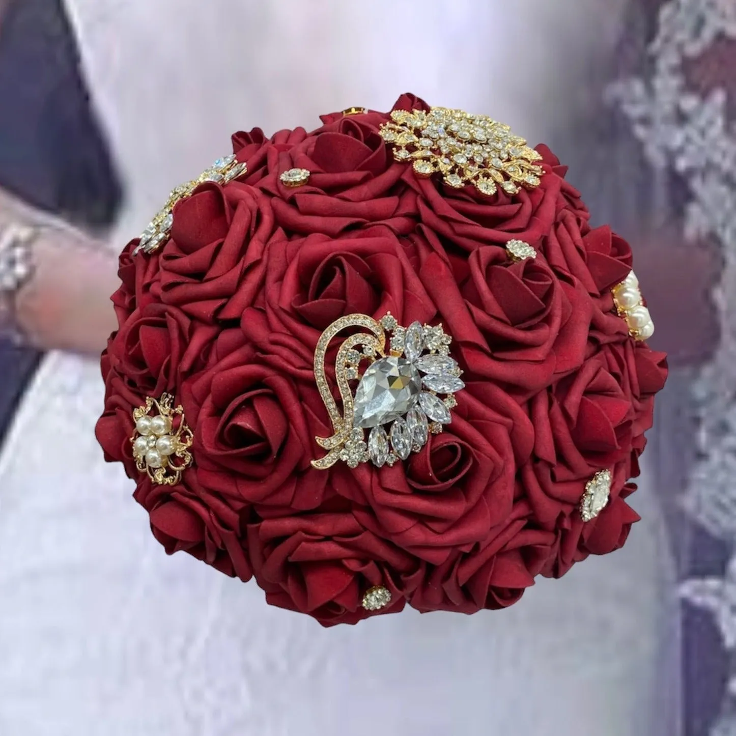 Dark Red Round Bouquet l Real Touch Roses Brooch Bouquet~ BOU-021