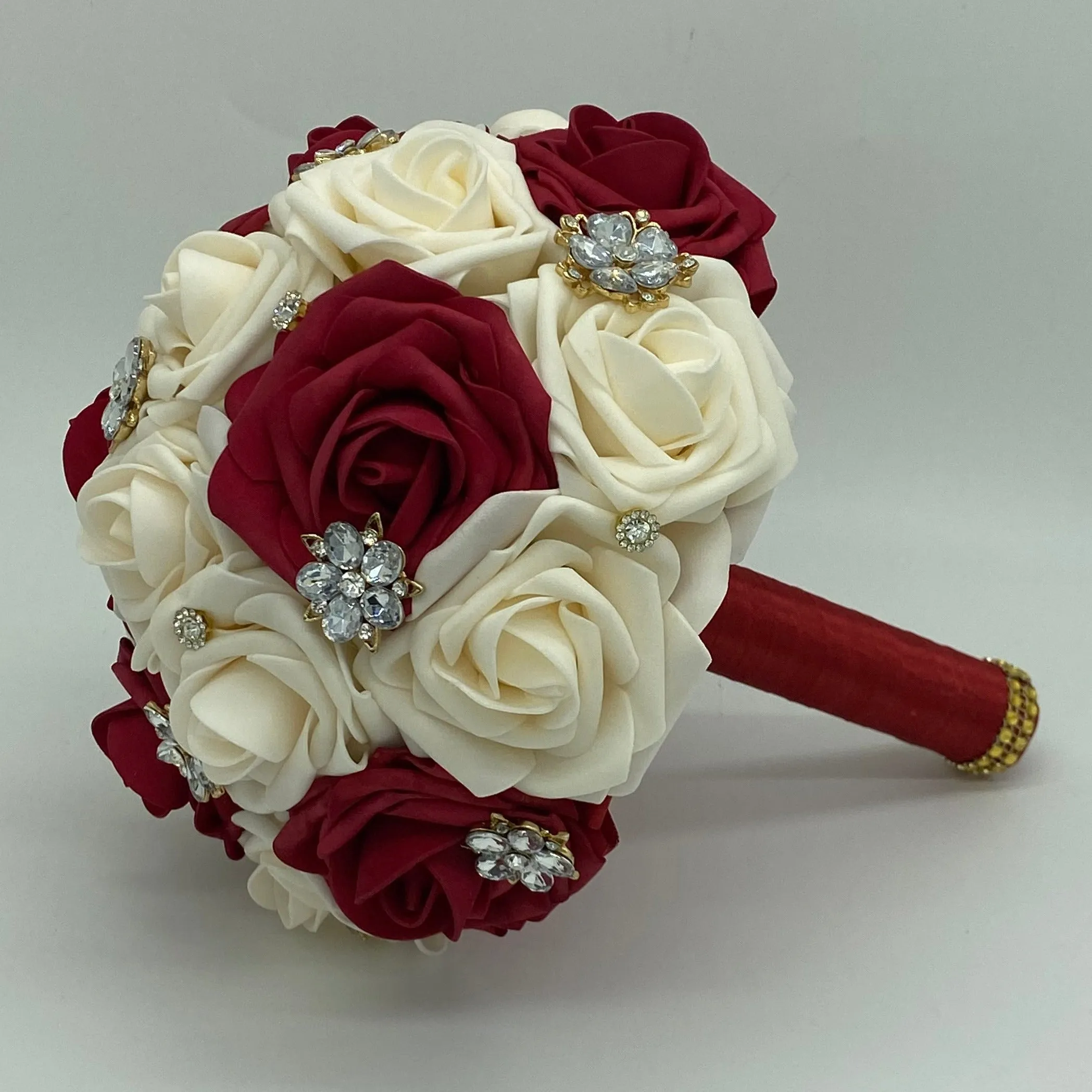 Dark Red Round Bouquet l Real Touch Roses Brooch Bouquet~ BOU-021