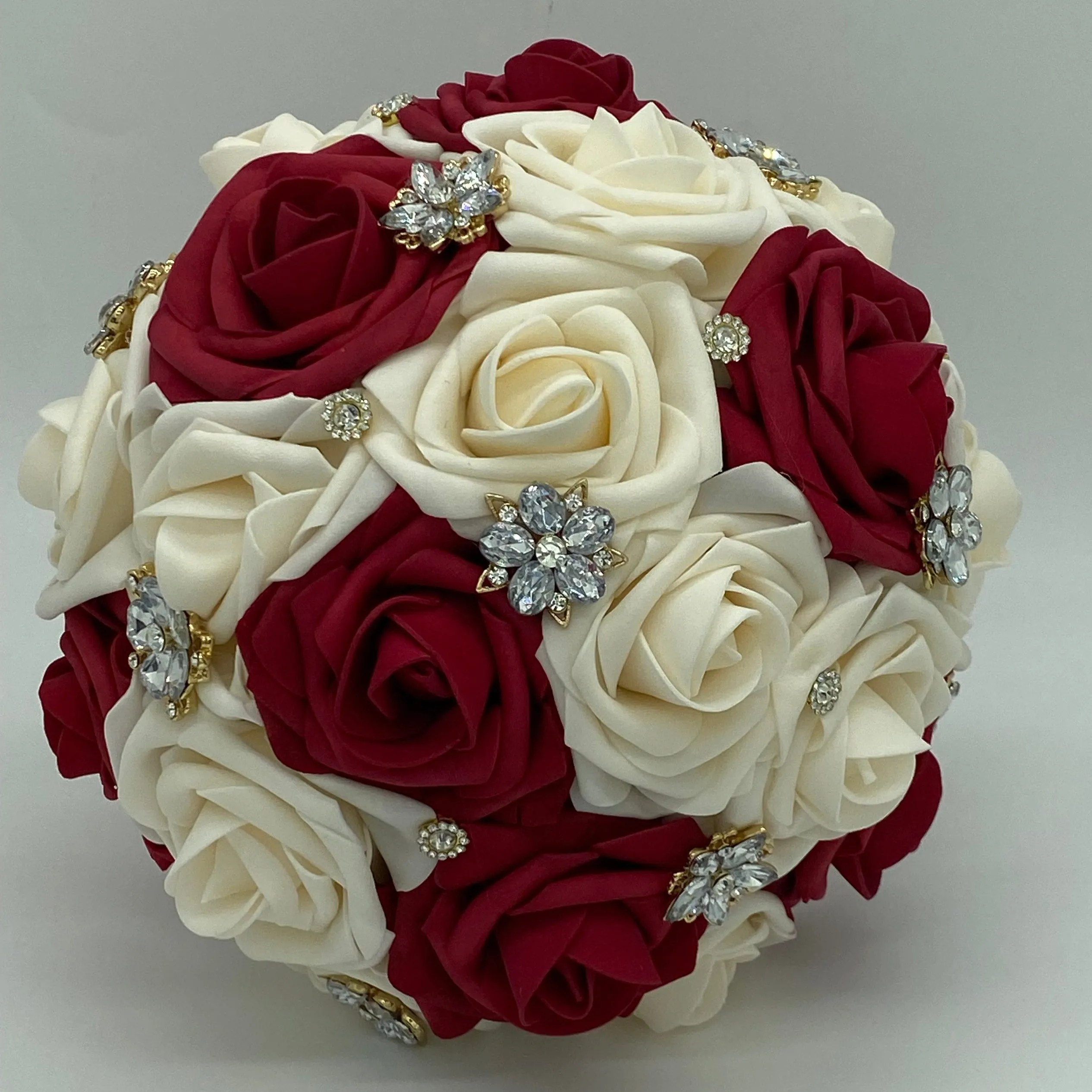 Dark Red White Round Bouquet l Real Touch Roses Brooch Bouquet~ BOU-020