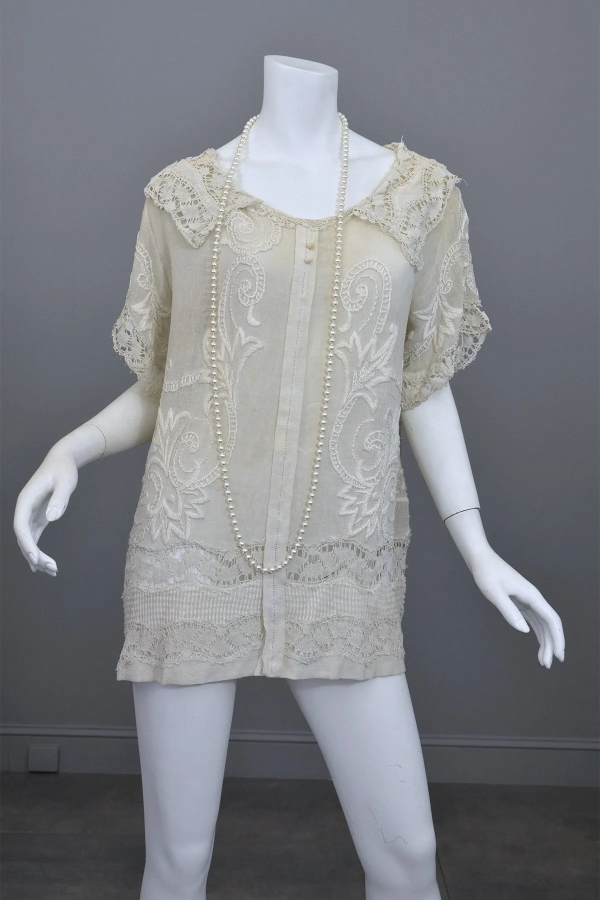 Deco 20s Embroidered Gauze Tunic Lace Top