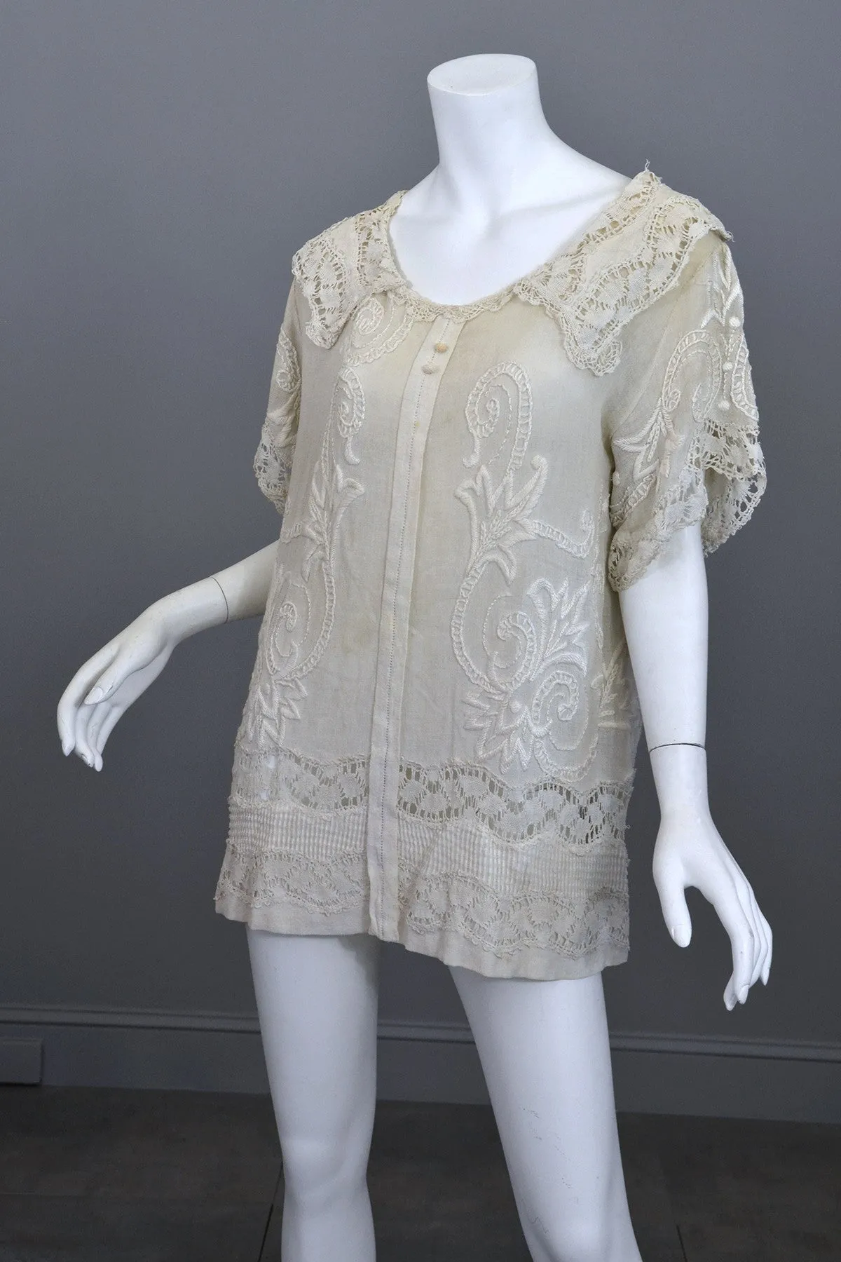 Deco 20s Embroidered Gauze Tunic Lace Top