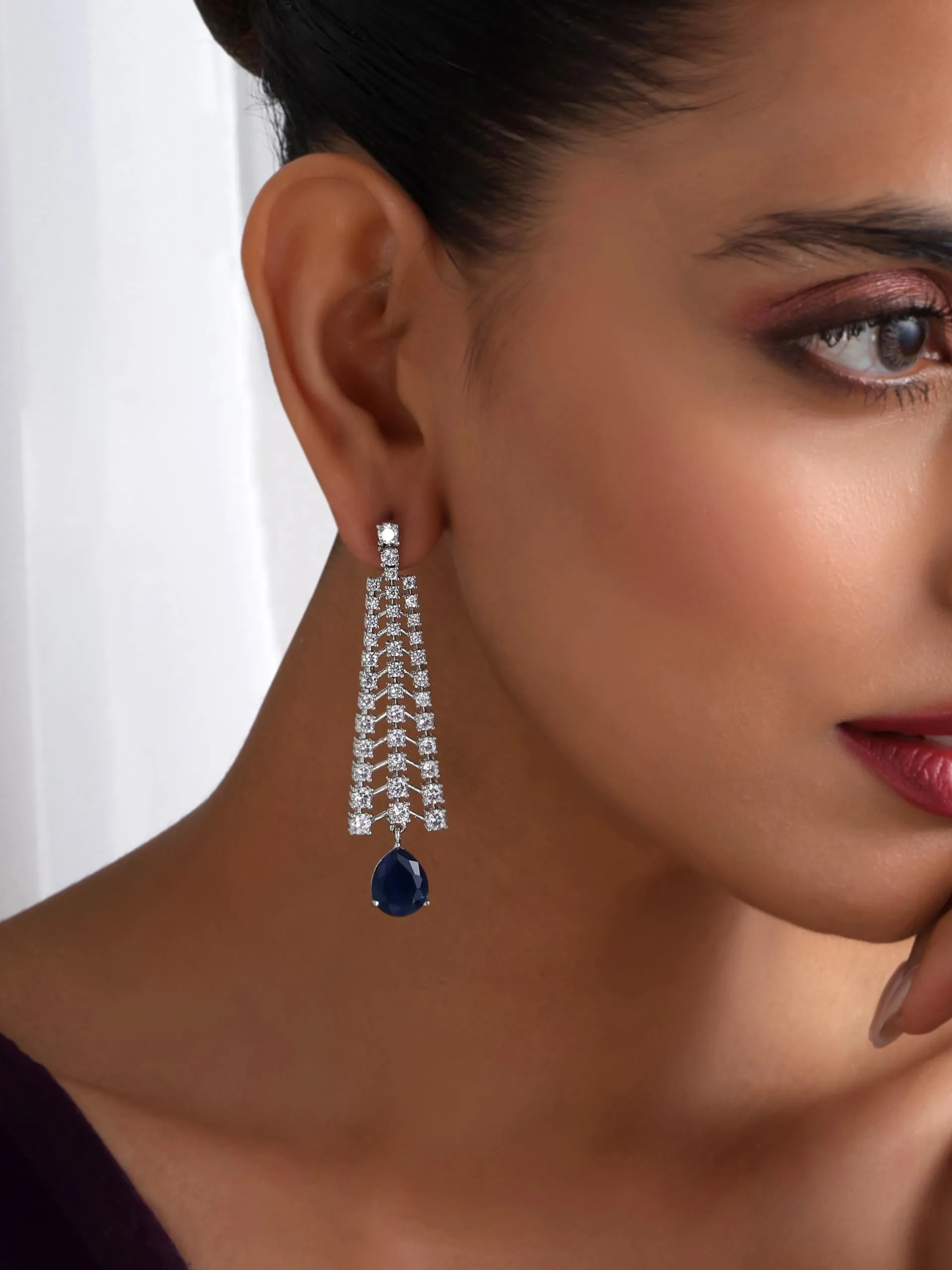 Diamond Lines With Blue Drop Earring