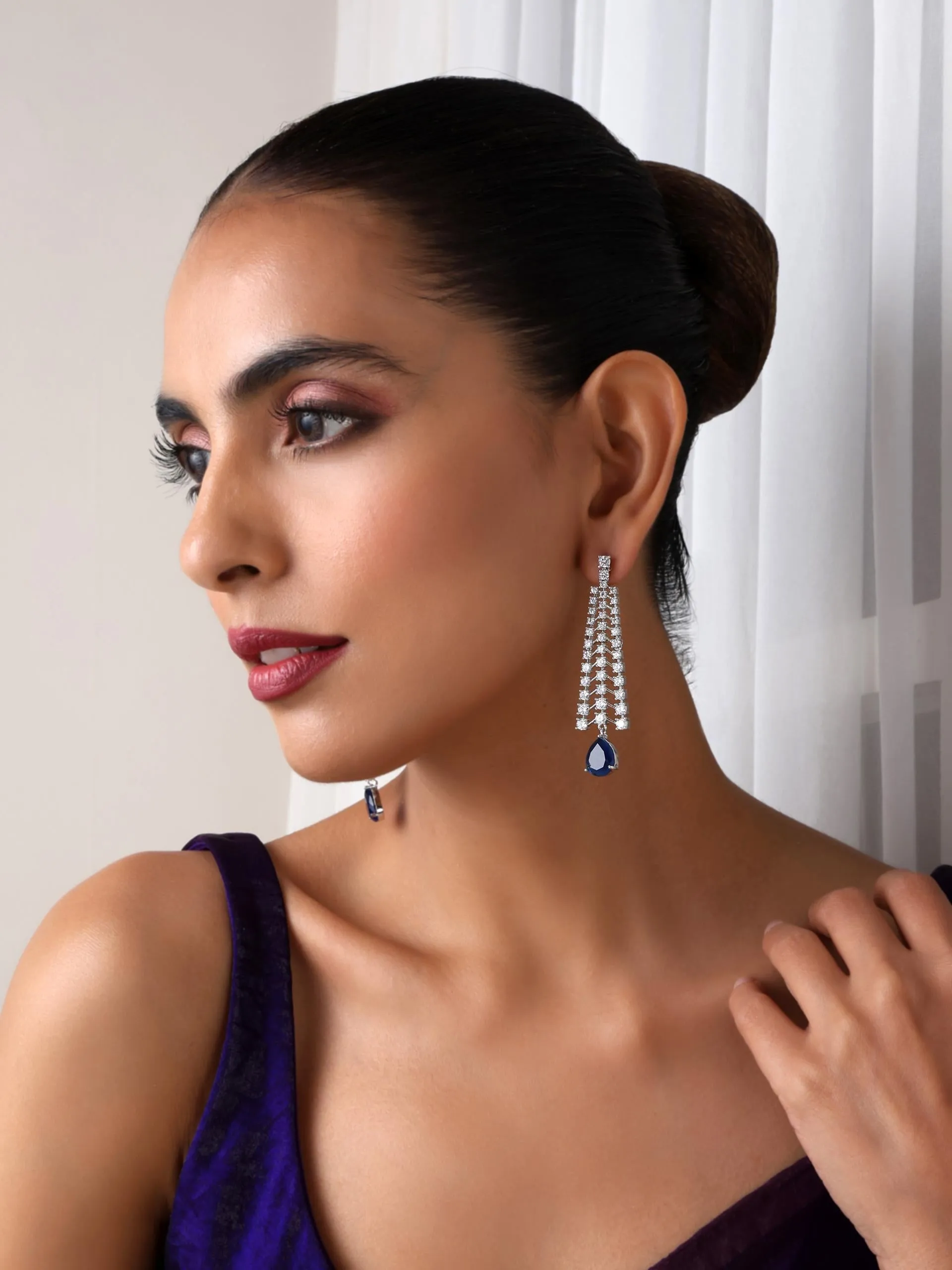 Diamond Lines With Blue Drop Earring