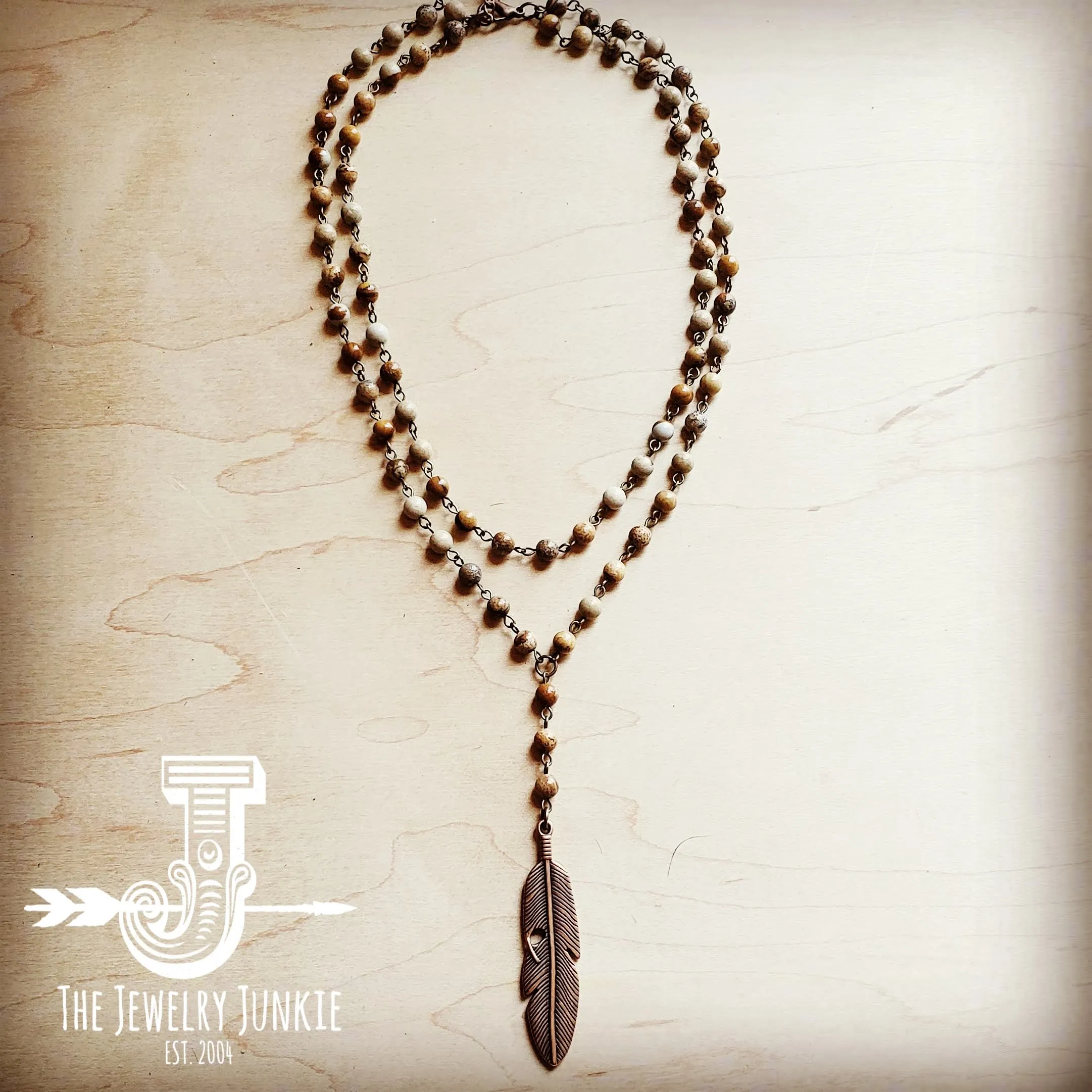 Double Strand Lariat Picture Jasper Necklace w/ Copper Feather 250u