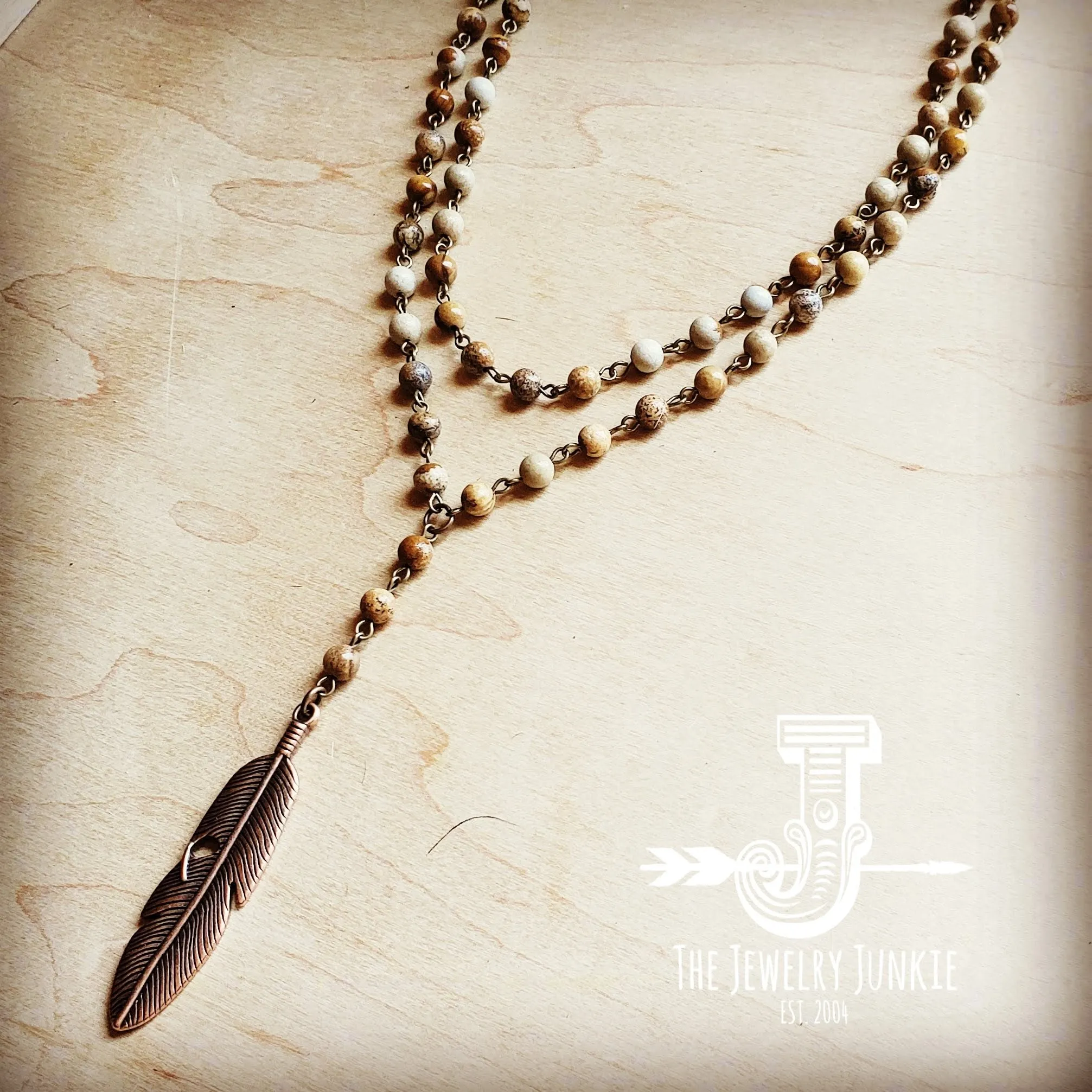 Double Strand Lariat Picture Jasper Necklace w/ Copper Feather 250u