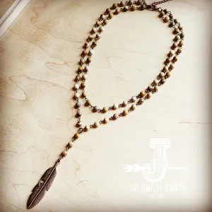 Double Strand Lariat Picture Jasper Necklace w/ Copper Feather 250u