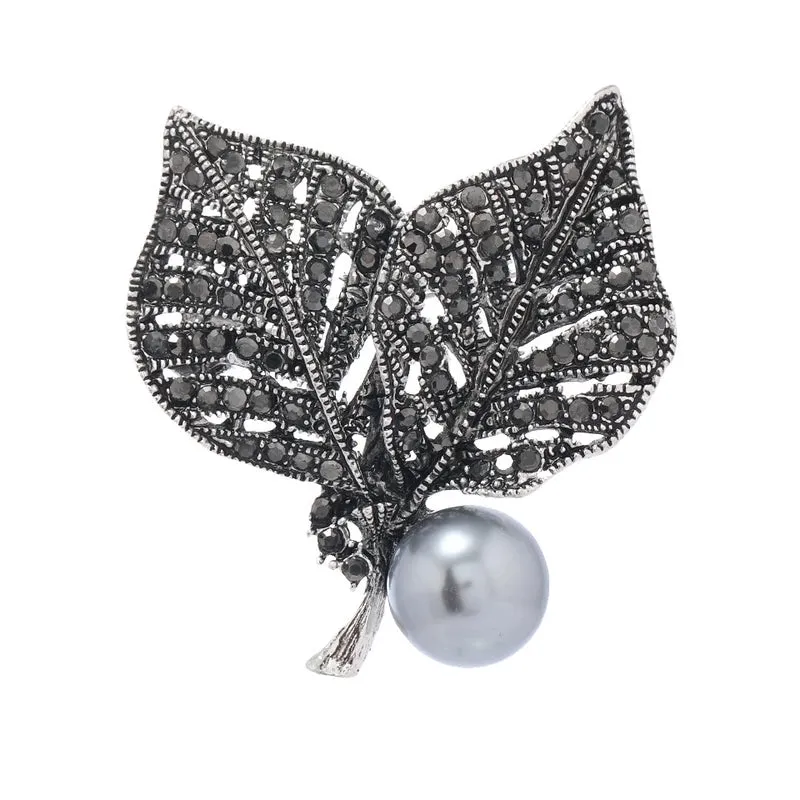 Elegant Retro Pin Leaf Flower Alloy Plating Inlay Artificial Pearls Rhinestones Unisex Brooches