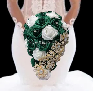 Emerald Green Cascade Bouquet l Waterfall bouquet l Real Touch Roses Brooch Bouquet CB-004