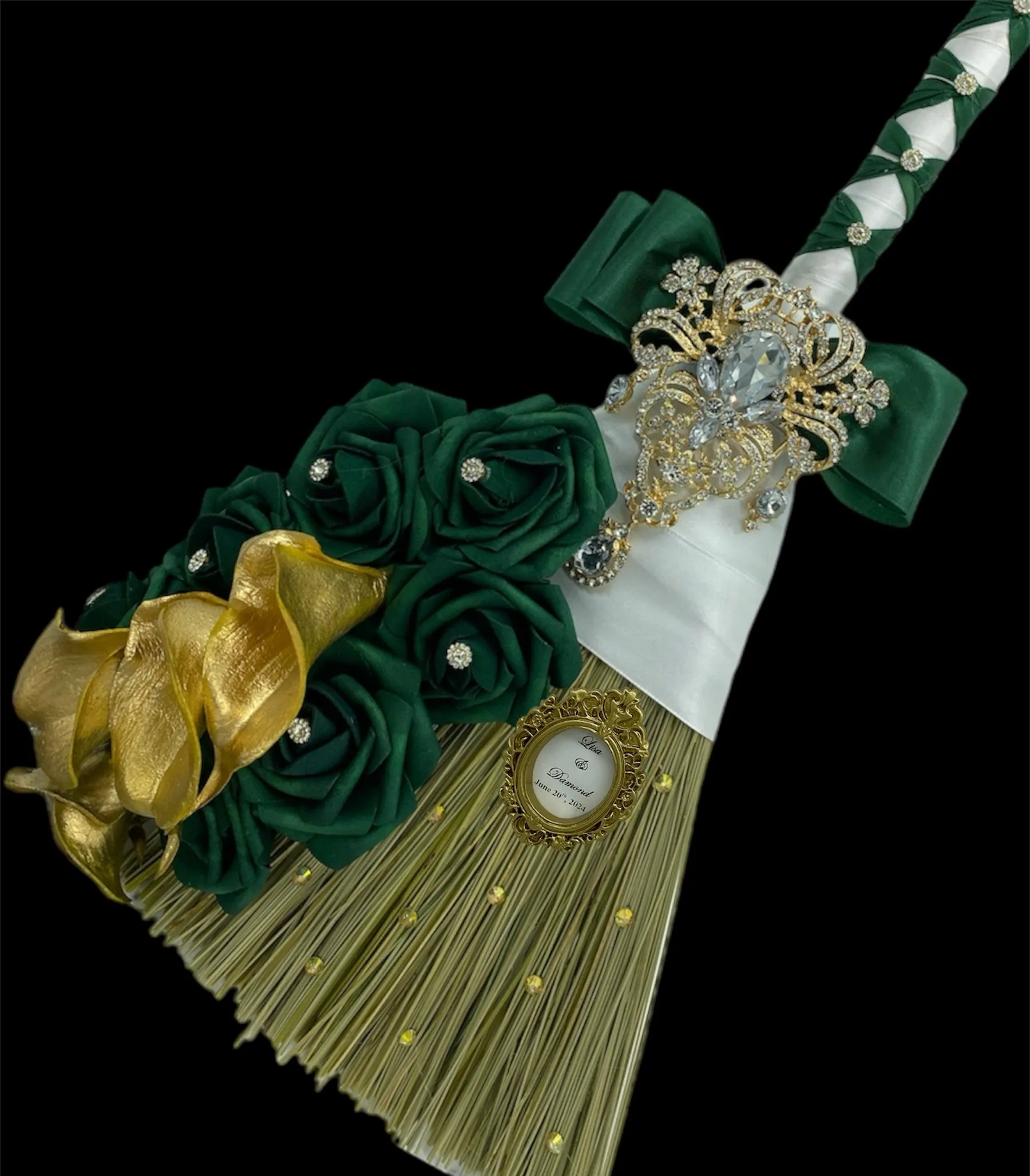 Emerald Green l White Cascade Bouquet l Waterfall bouquet l  Real Touch Roses Brooch Bouquet CB-002