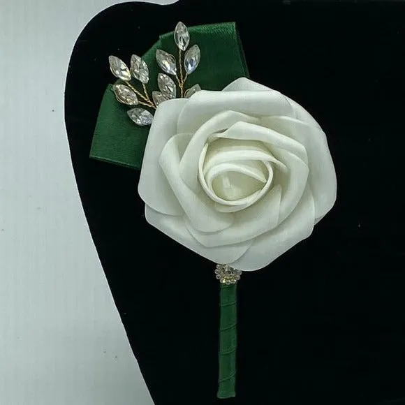 Emerald Green l White Cascade Bouquet l Waterfall bouquet l  Real Touch Roses Brooch Bouquet CB-002