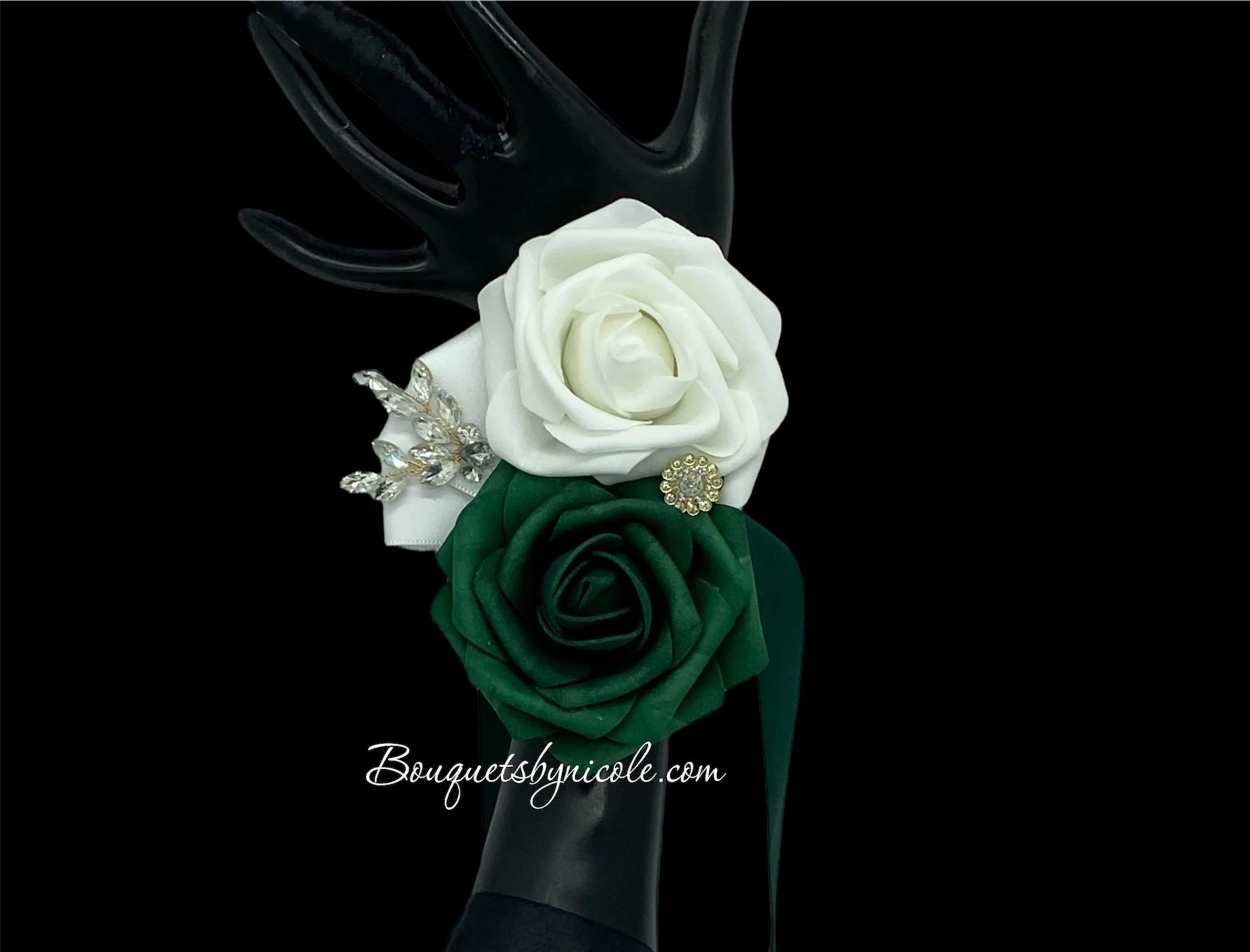 Emerald Green l White Cascade Bouquet l Waterfall bouquet l Real Touch Roses Brooch Bouquet CB-014