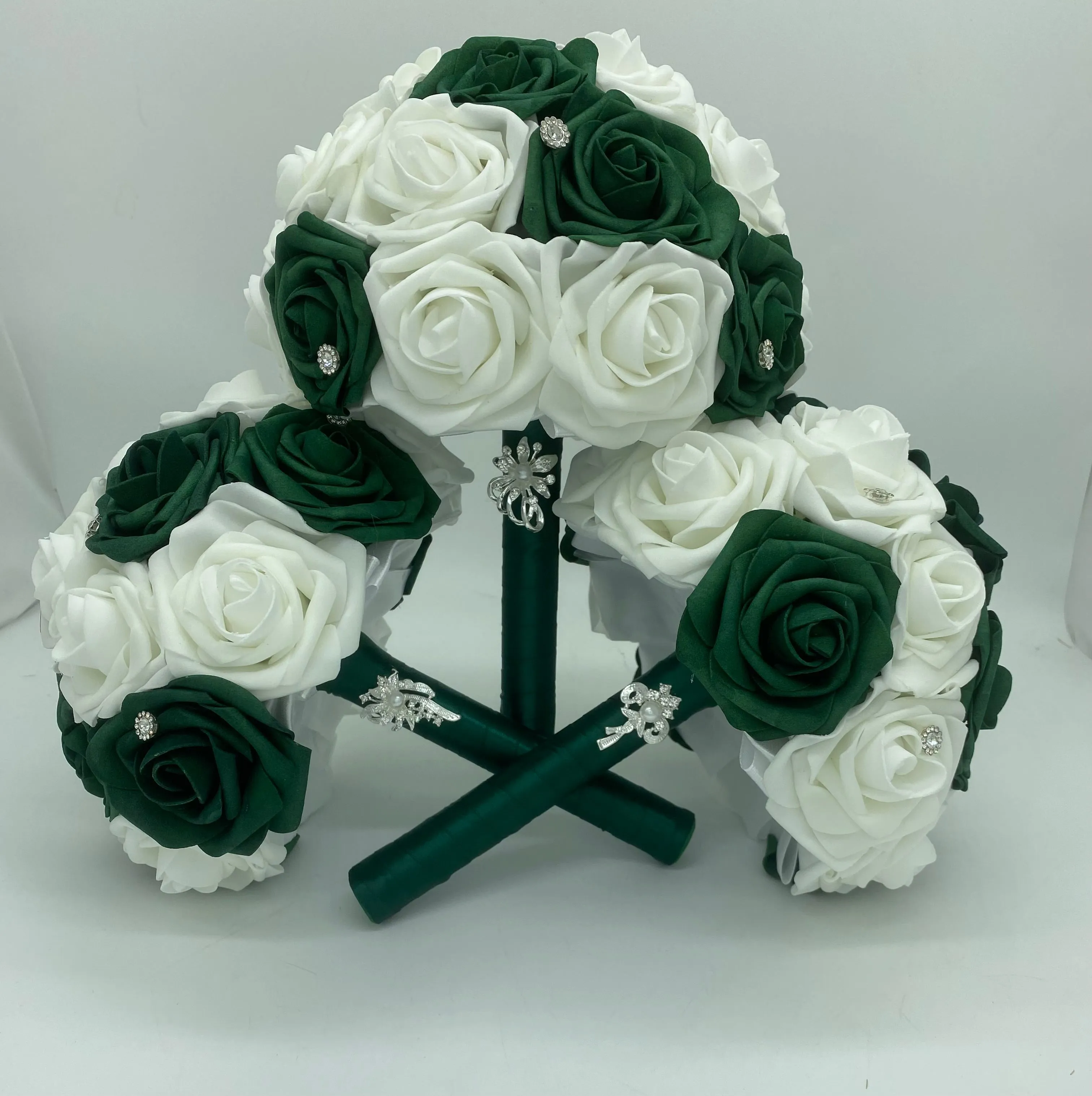 Emerald Green l White Cascade Bouquet l Waterfall bouquet l Real Touch Roses Brooch Bouquet CB-014