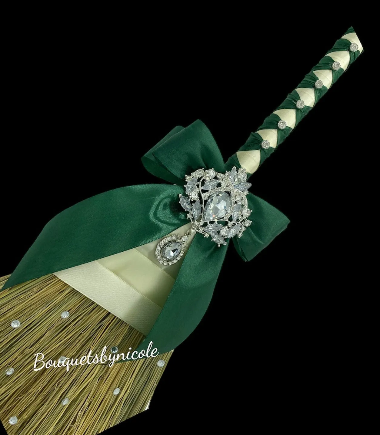 Emerald Green l White Cascade Bouquet l Waterfall bouquet l Real Touch Roses Brooch Bouquet CB-014