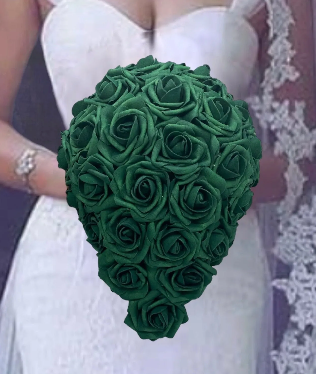 Emerald Green l White Cascade Bouquet l Waterfall bouquet l Real Touch Roses Brooch Bouquet CB-014