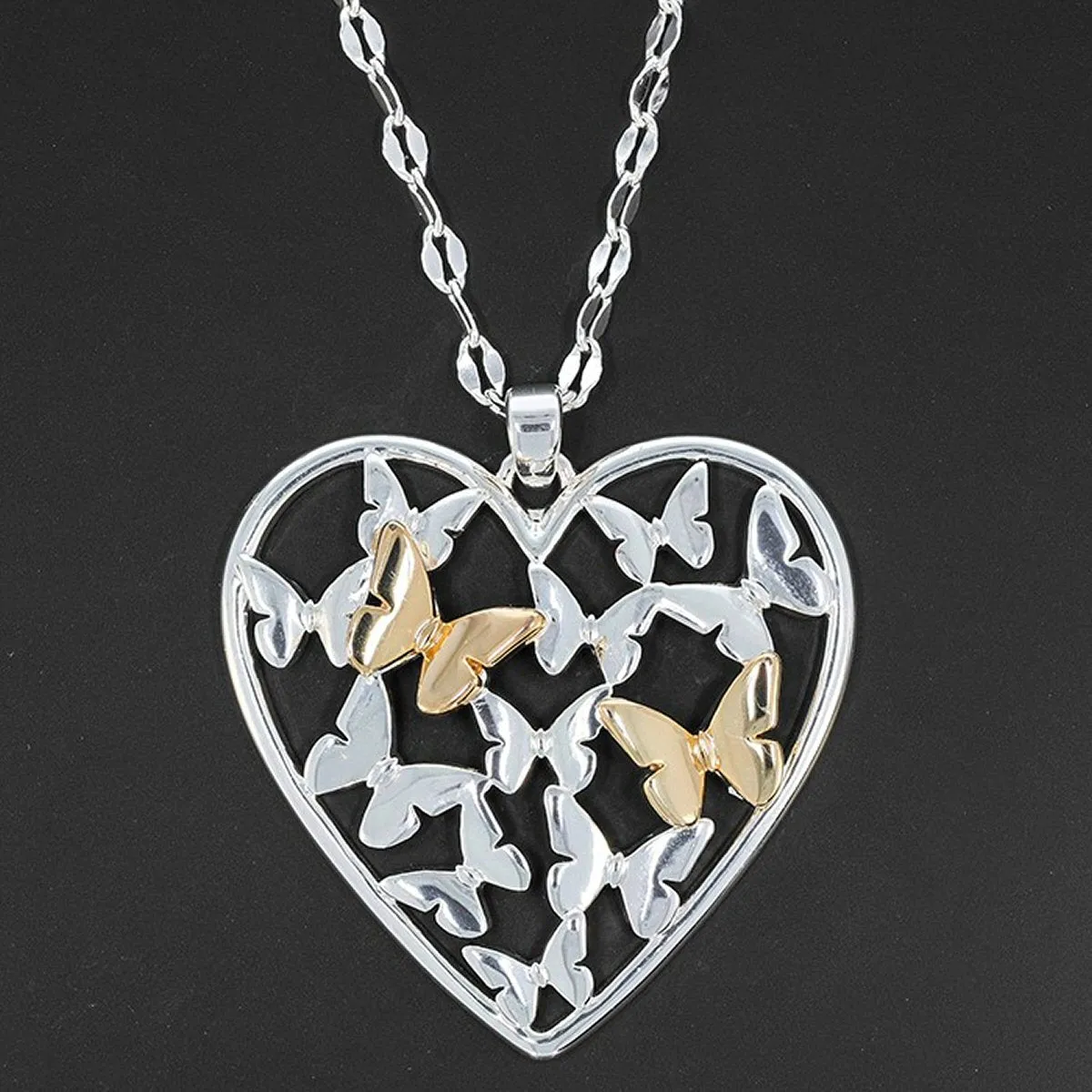 Equilibrium Two Tone Filigree Butterfly Heart Long Necklace