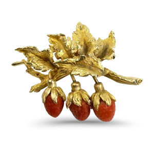 Estate 14k Yellow Gold Coral Strawberry Leaf Brooch