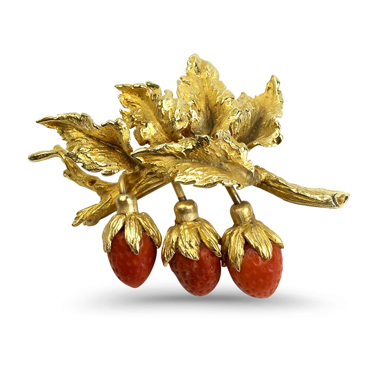 Estate 14k Yellow Gold Coral Strawberry Leaf Brooch