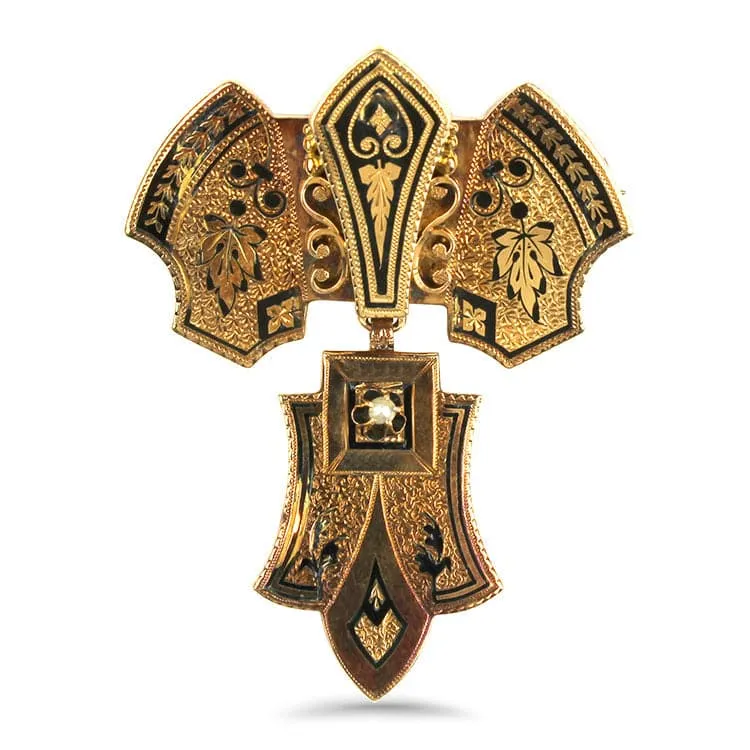 Estate 14K Yellow Gold Engraved Black Enamel Pin/Pendant