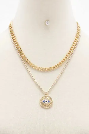 Eye Charm Rhinestone Layered Necklace