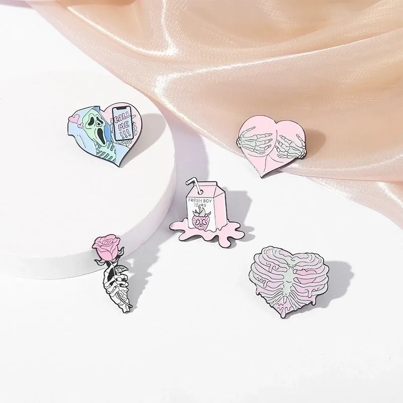 Fashion Creative Pink Skull Hollow Heart Shaped Milk Gesture Rose Cartoon Dripping Enamel Brooch