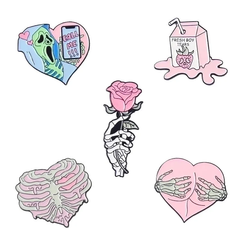 Fashion Creative Pink Skull Hollow Heart Shaped Milk Gesture Rose Cartoon Dripping Enamel Brooch