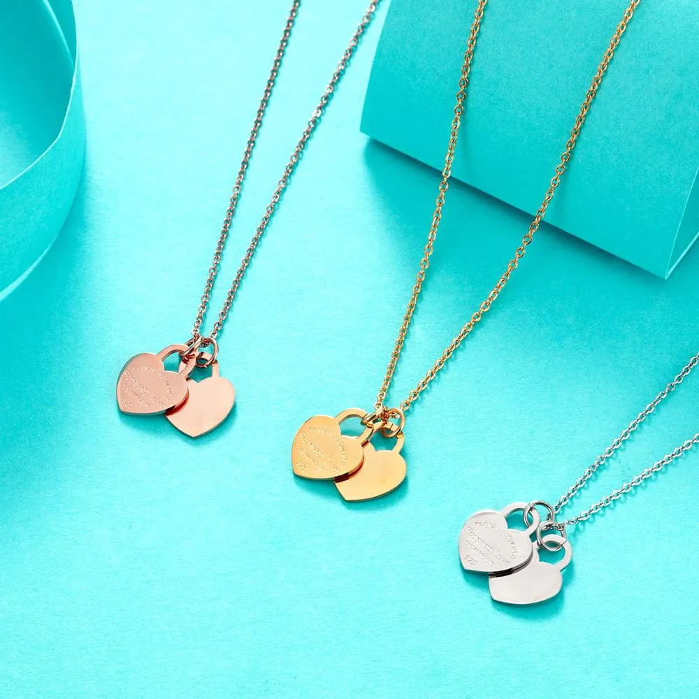 Fashion Double Heart Pendant Necklace For Women Ladies Girls Stainless Steel Necklaces Chains Wedding Jewelry Gifts