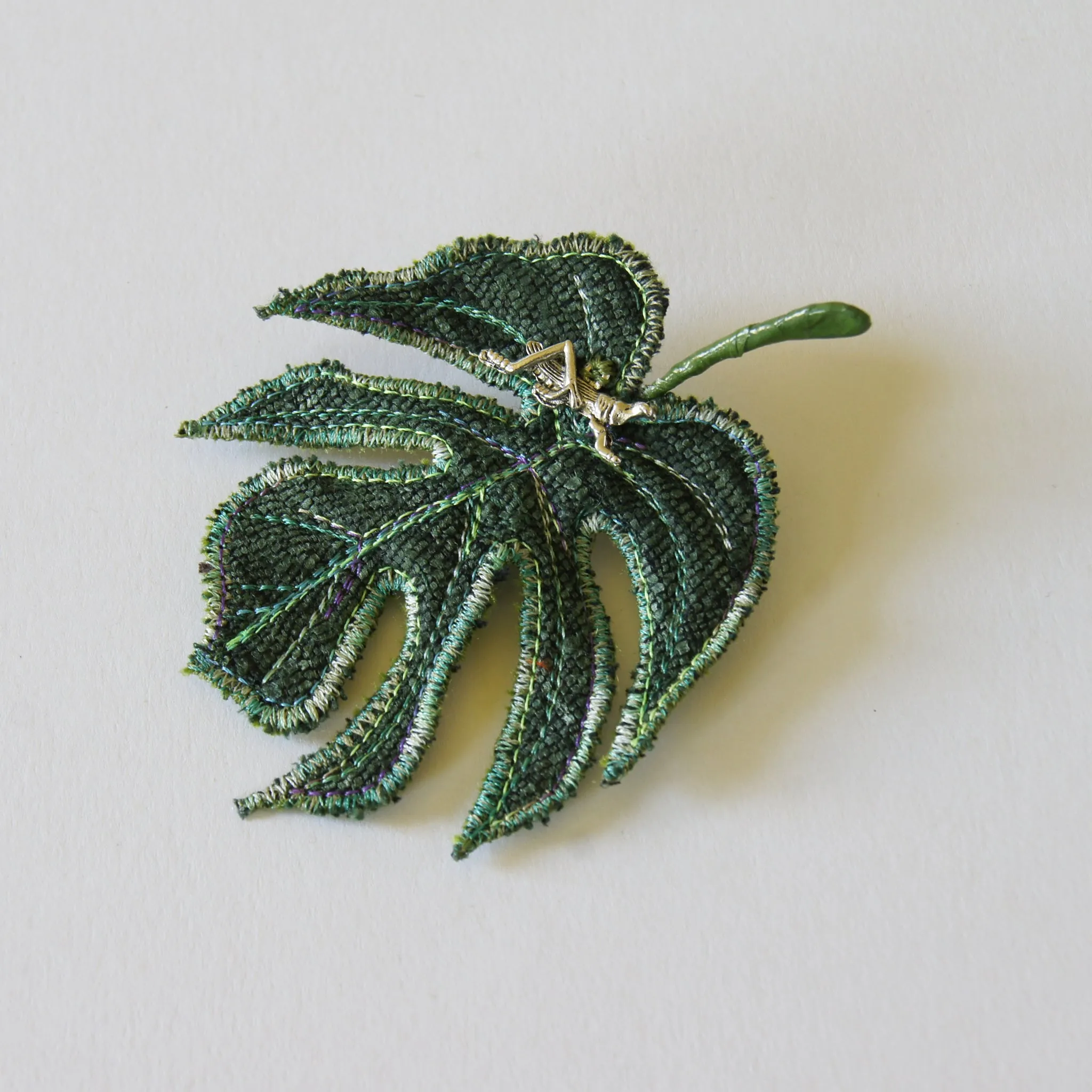 Fiber Art Brooch Silk Monstera deliciosa