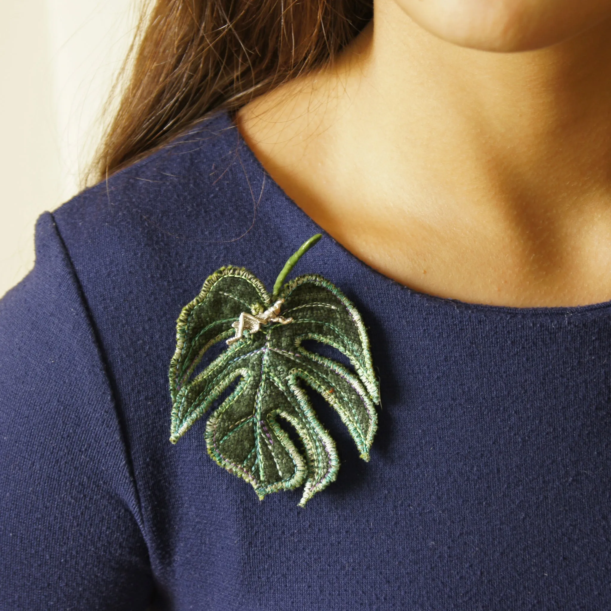 Fiber Art Brooch Silk Monstera deliciosa