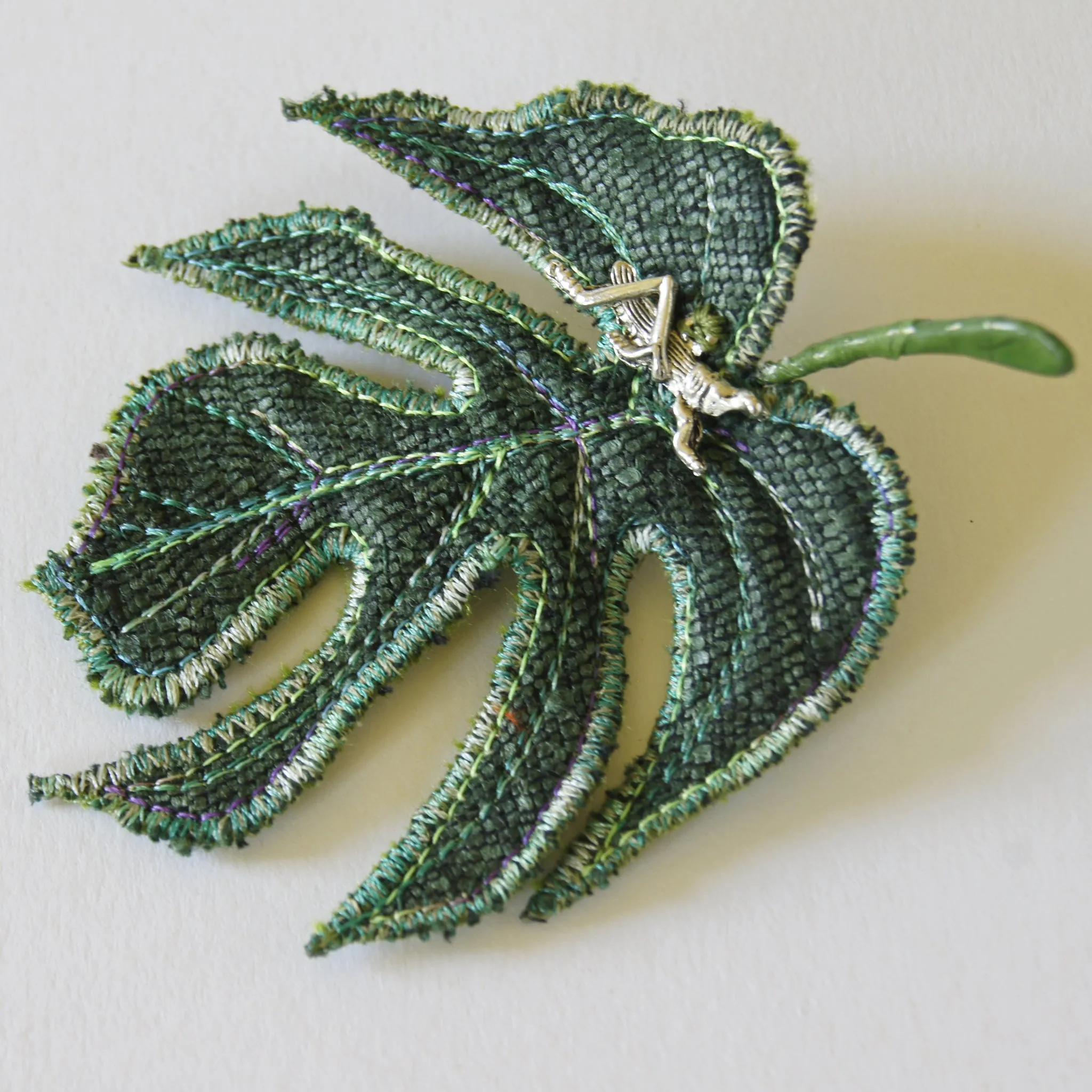 Fiber Art Brooch Silk Monstera deliciosa