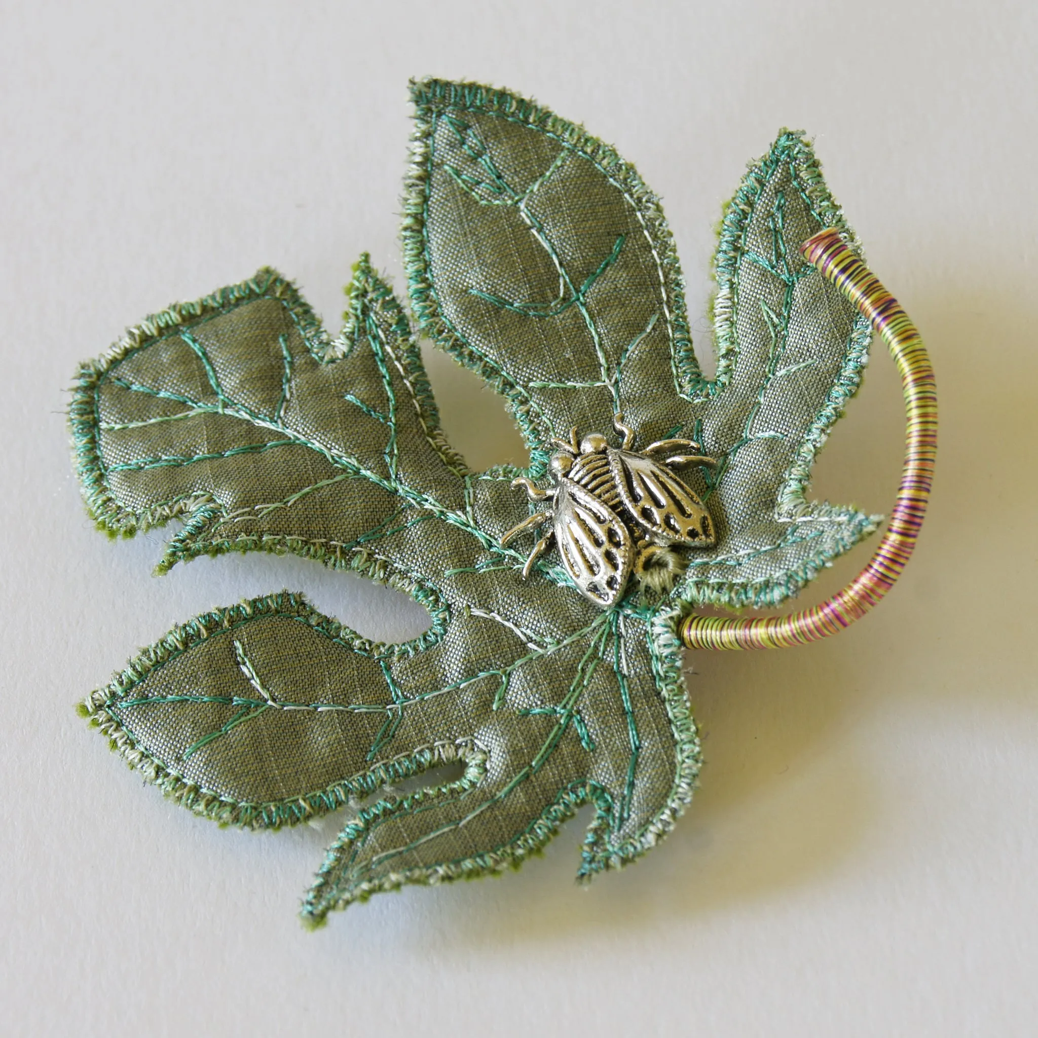 Fig Leaf Fiber Art Brooch