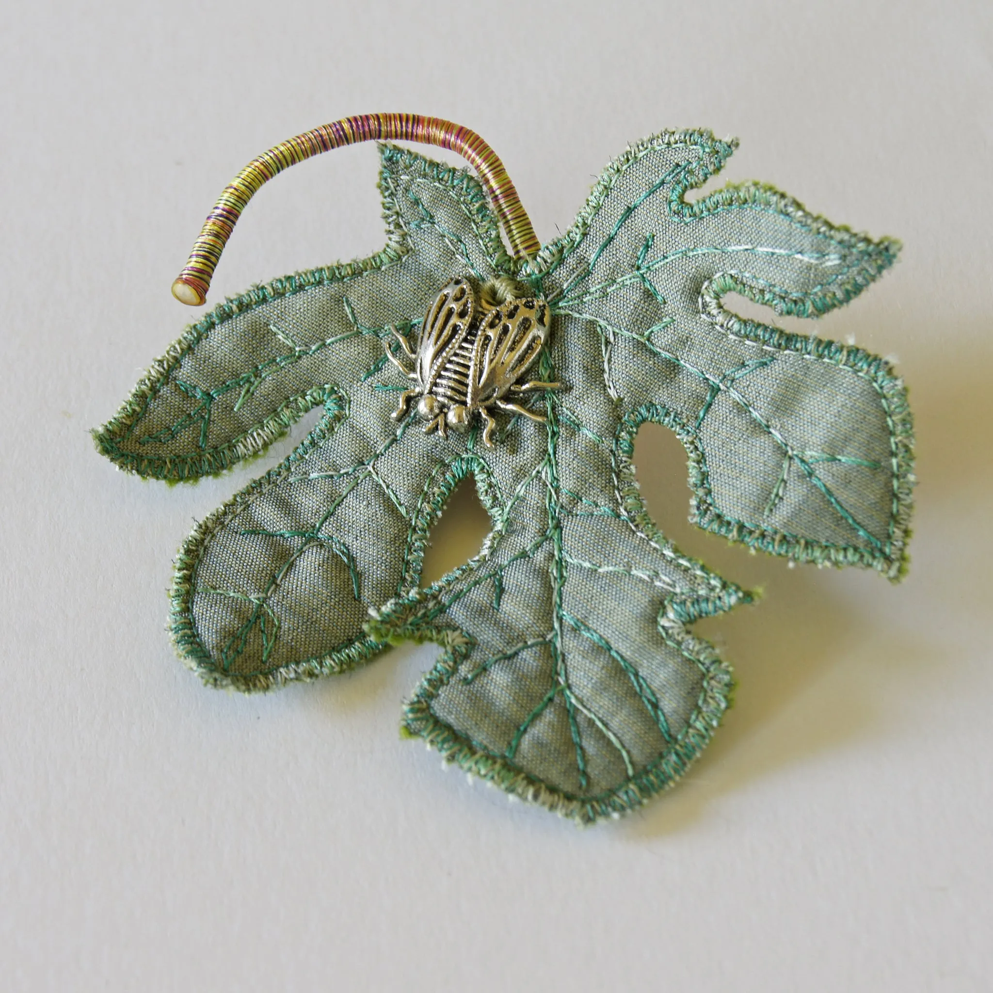 Fig Leaf Fiber Art Brooch