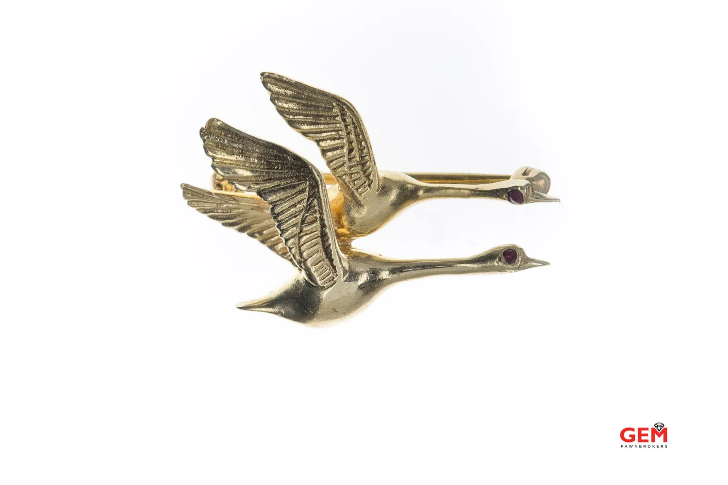 Flying Geese Ducks Pink Sapphire Bird 14K 585 Yellow Gold Animal Brooch