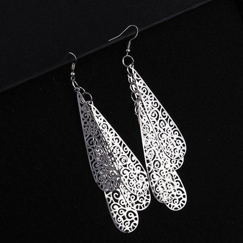 Four Layer Dangling Teardrop Earrings in Gold or Silver