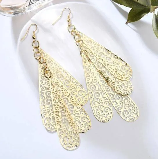 Four Layer Dangling Teardrop Earrings in Gold or Silver