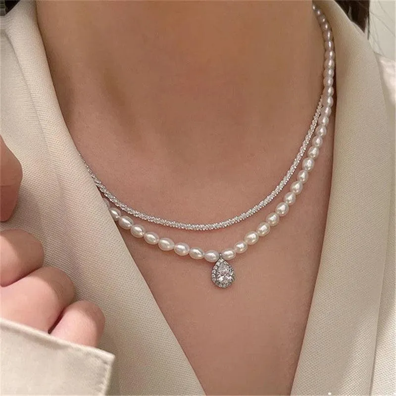 Freshwater Square Pearl Multilayer Necklace Charm Jewelry YSS0411