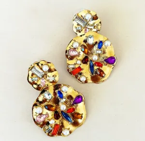 Glitzy multi colored faux pearl & rhinestone pierced statement earrings.