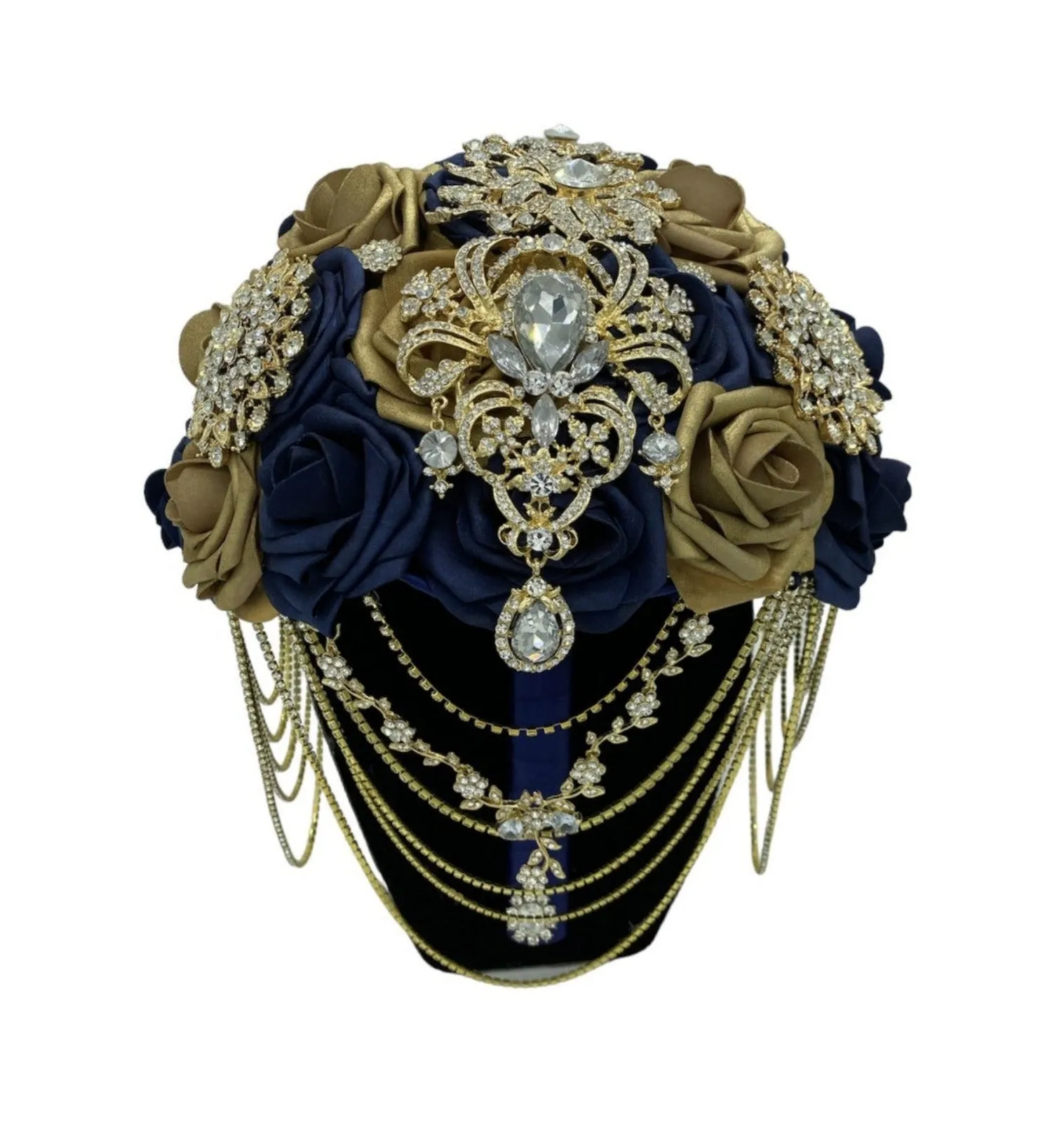 Gold Navy Round Bouquet l Waterfall bouquet l  Real Touch Roses Brooch Bouquet BOU-039