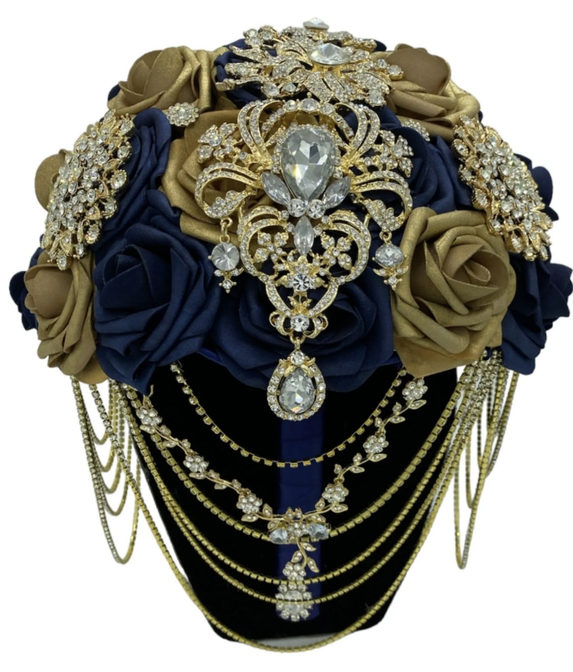 Gold Navy Round Bouquet l Waterfall bouquet l  Real Touch Roses Brooch Bouquet BOU-039