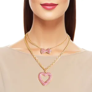 Gold Pink Heart Bow Necklace