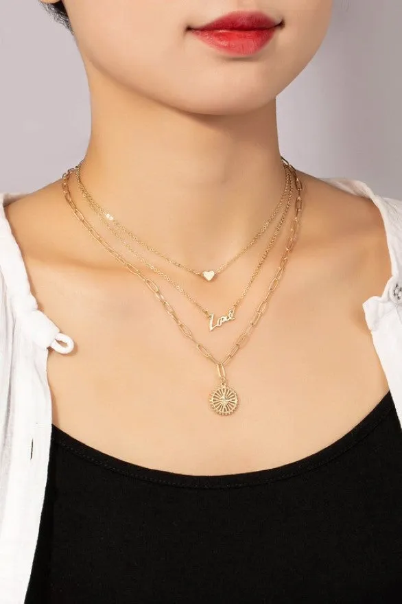 Goldtone "Love" Pendant Trio Layering Necklace Set