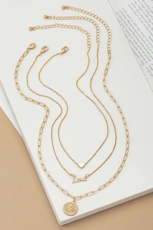 Goldtone "Love" Pendant Trio Layering Necklace Set