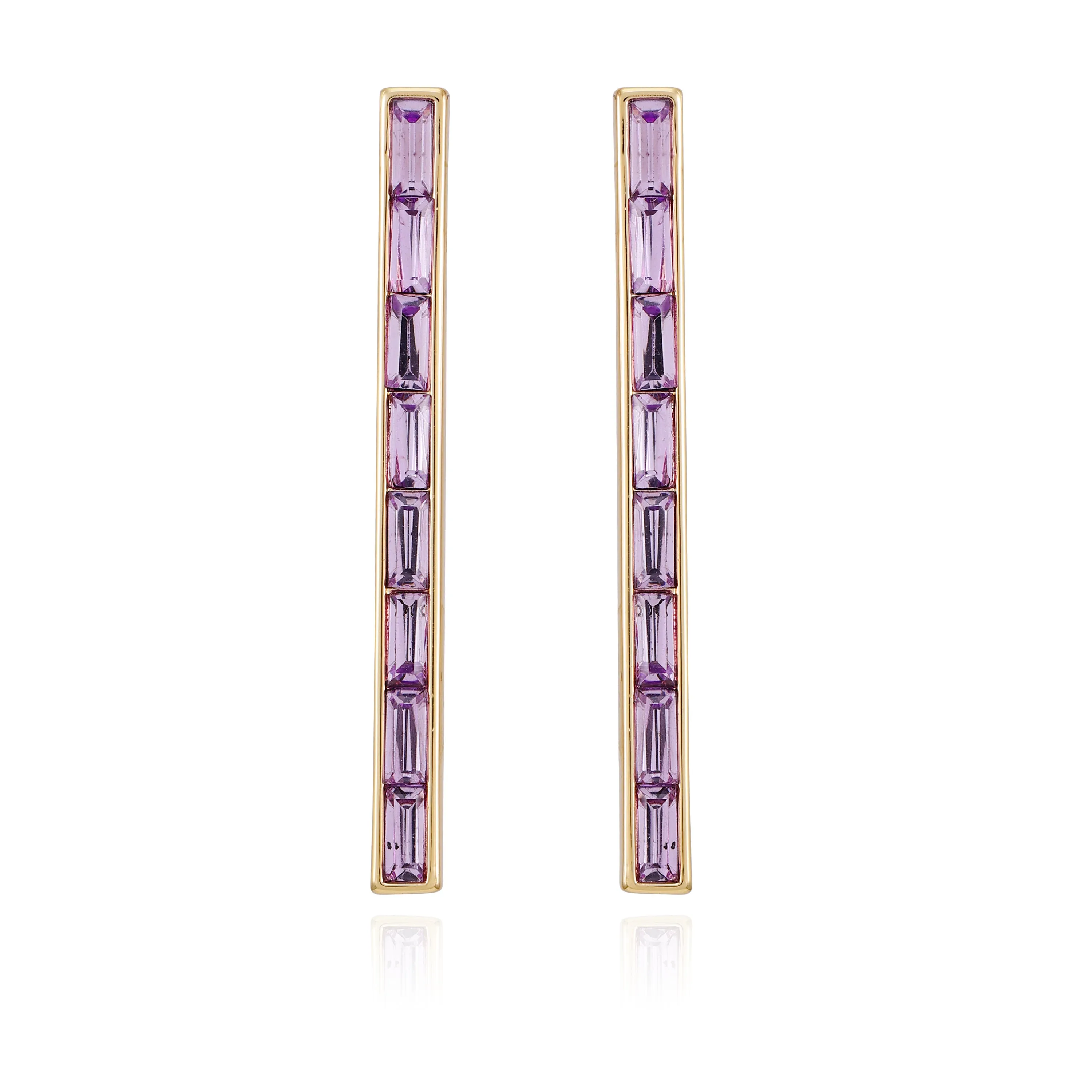 Goldtone Violet Stone Baguette Stick Drop Earrings